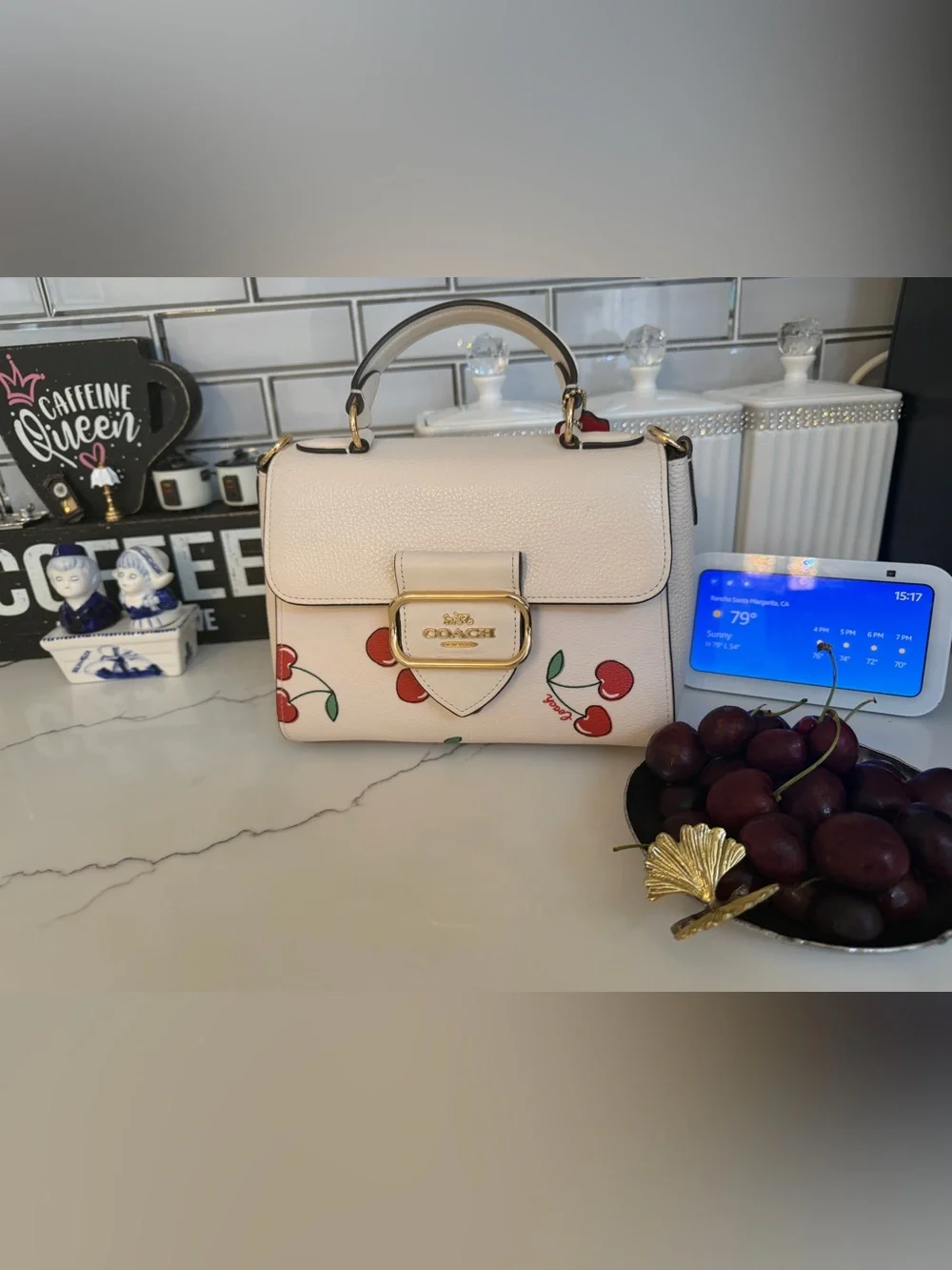 Coach White Leather Top Handle Bag with Cherry Print